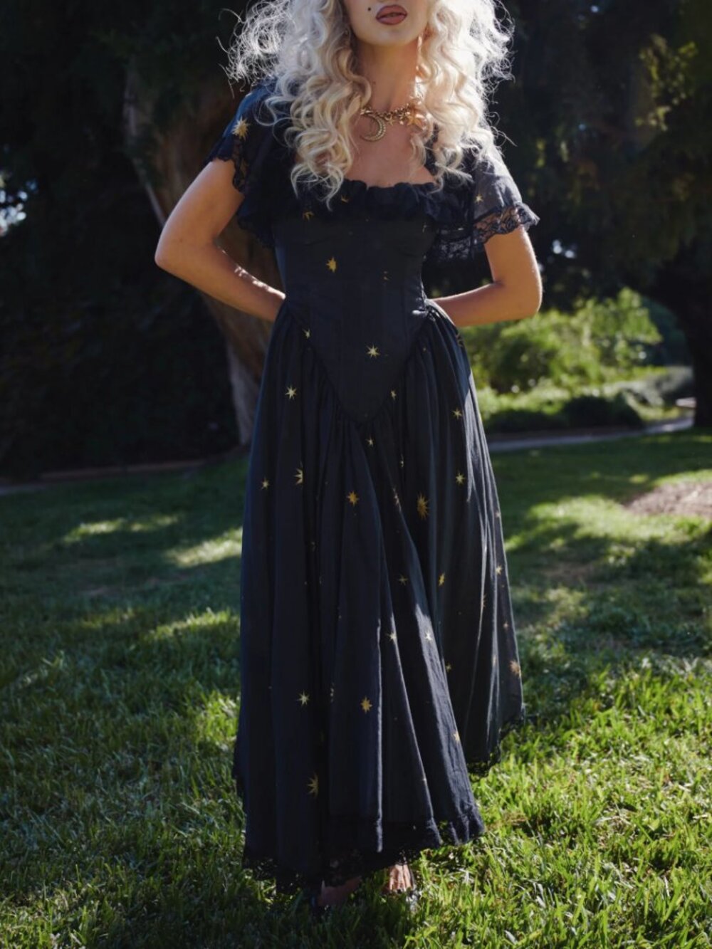 Selkie Saint Cupid Midi Dress Black Gold Star Small - Picture 3 of 12